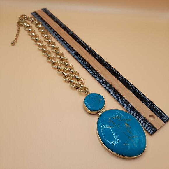 Chico's Gold Tone Chain Turquoise Pendant Necklace, Lucite Gold Accents, 22 Inch - Picture 6 of 9